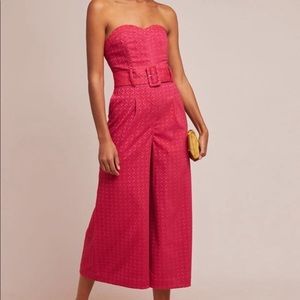 Anthropologie Strapless Belted Jacquard Jumpsuit in Fuchsia